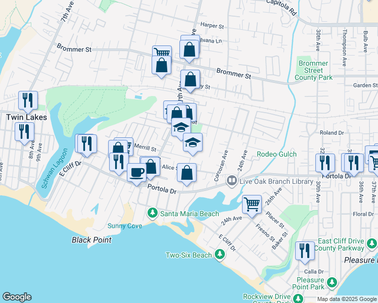 map of restaurants, bars, coffee shops, grocery stores, and more near 2039 Merrill Street in Santa Cruz
