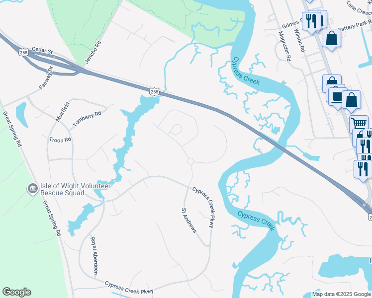 map of restaurants, bars, coffee shops, grocery stores, and more near 129 Saint Andrews in Smithfield