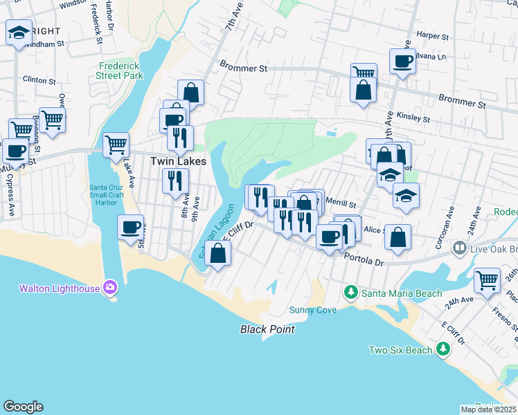 map of restaurants, bars, coffee shops, grocery stores, and more near 21135 East Cliff Drive in Santa Cruz