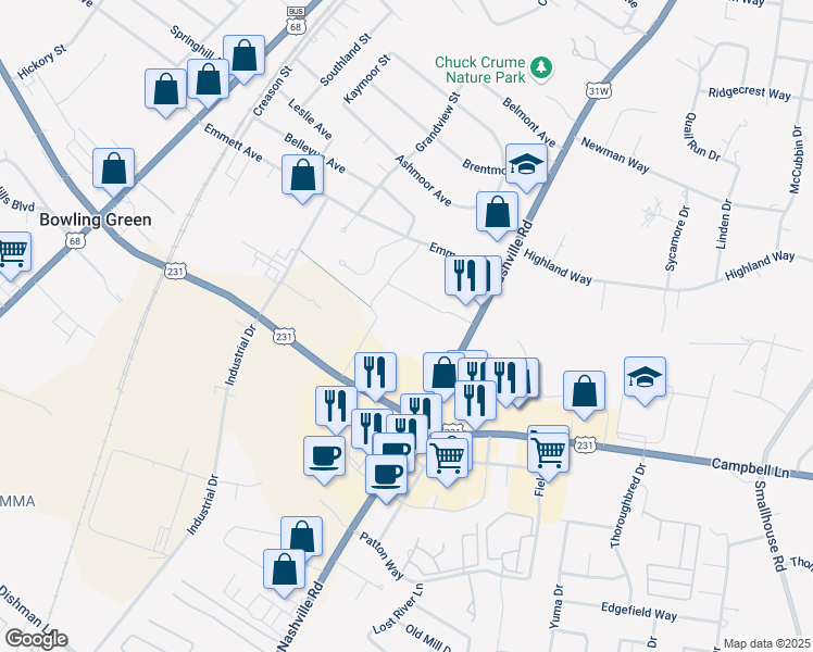 map of restaurants, bars, coffee shops, grocery stores, and more near 2355 Nashville Road in Bowling Green