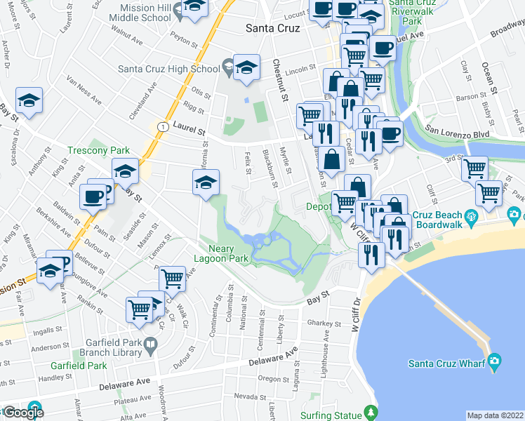 map of restaurants, bars, coffee shops, grocery stores, and more near 102 Tree Frog Lane in Santa Cruz