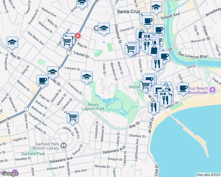 map of restaurants, bars, coffee shops, grocery stores, and more near 102 Tree Frog Lane in Santa Cruz