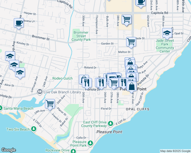 map of restaurants, bars, coffee shops, grocery stores, and more near 883 35th Avenue in Santa Cruz