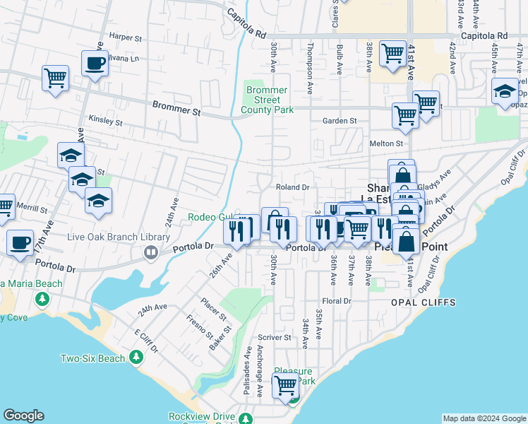 map of restaurants, bars, coffee shops, grocery stores, and more near 872 30th Avenue in Santa Cruz