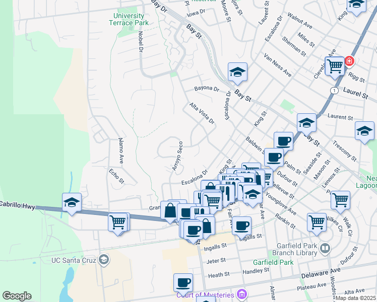 map of restaurants, bars, coffee shops, grocery stores, and more near 106 Arroyo Court in Santa Cruz