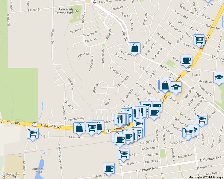 map of restaurants, bars, coffee shops, grocery stores, and more near 76 Alta Vista Drive in Santa Cruz