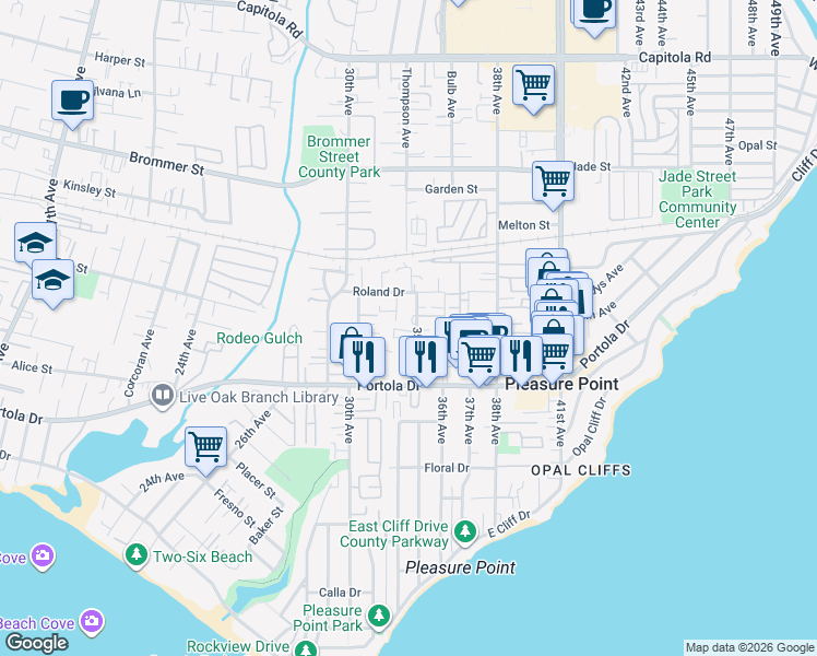 map of restaurants, bars, coffee shops, grocery stores, and more near 980 34th Avenue in Santa Cruz