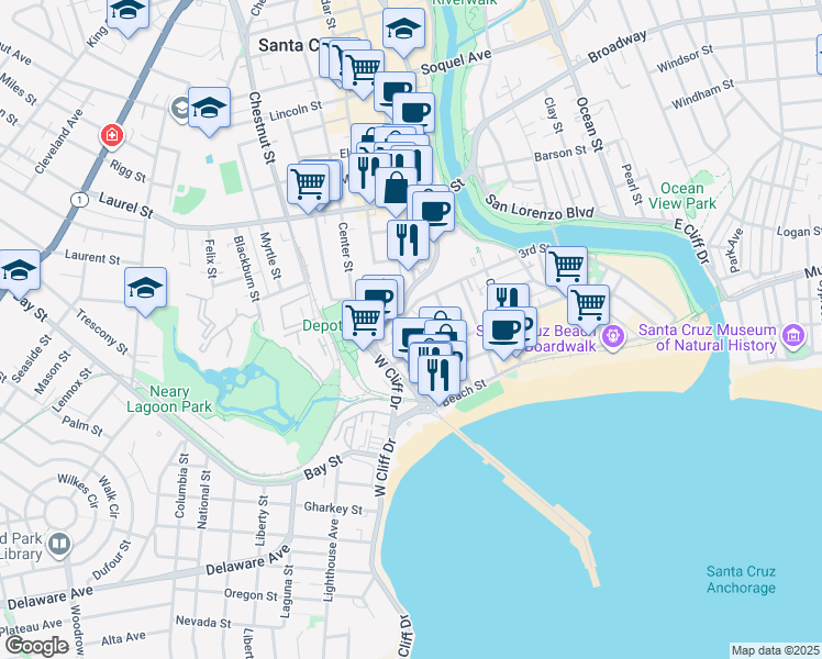 map of restaurants, bars, coffee shops, grocery stores, and more near 80 Front Street in Santa Cruz