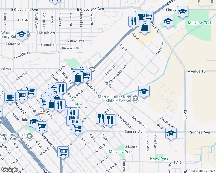map of restaurants, bars, coffee shops, grocery stores, and more near 804 Cross Street in Madera