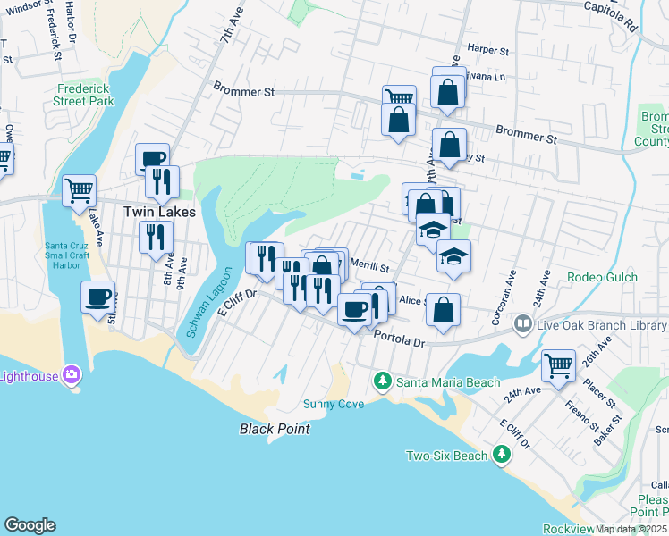 map of restaurants, bars, coffee shops, grocery stores, and more near 1510 Merrill Street in Santa Cruz