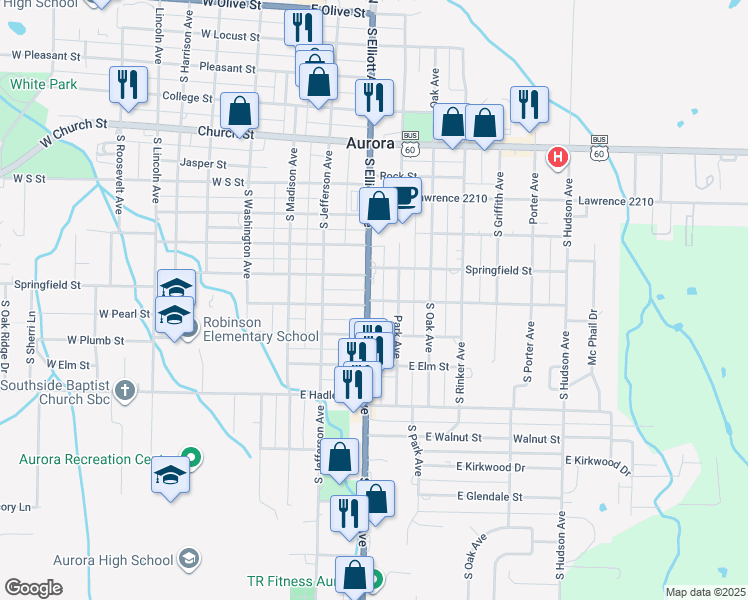 map of restaurants, bars, coffee shops, grocery stores, and more near 128 East Springfield Street in Aurora