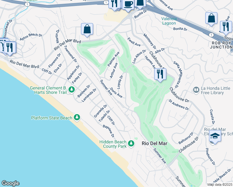 map of restaurants, bars, coffee shops, grocery stores, and more near Doris Avenue in Aptos