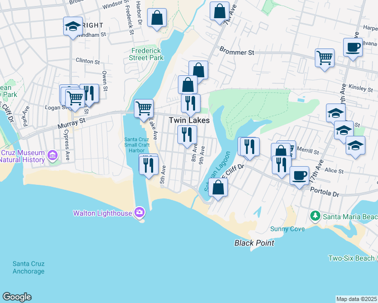 map of restaurants, bars, coffee shops, grocery stores, and more near 360 7th Avenue in Santa Cruz