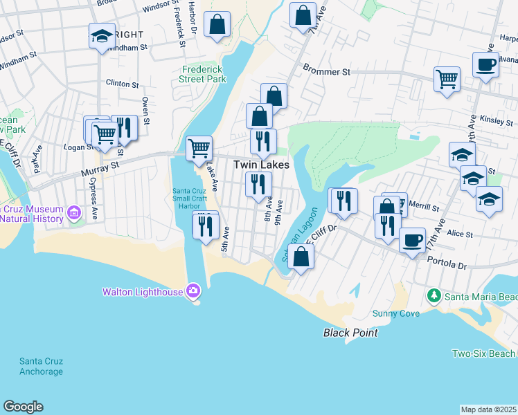map of restaurants, bars, coffee shops, grocery stores, and more near 360 7th Avenue in Santa Cruz