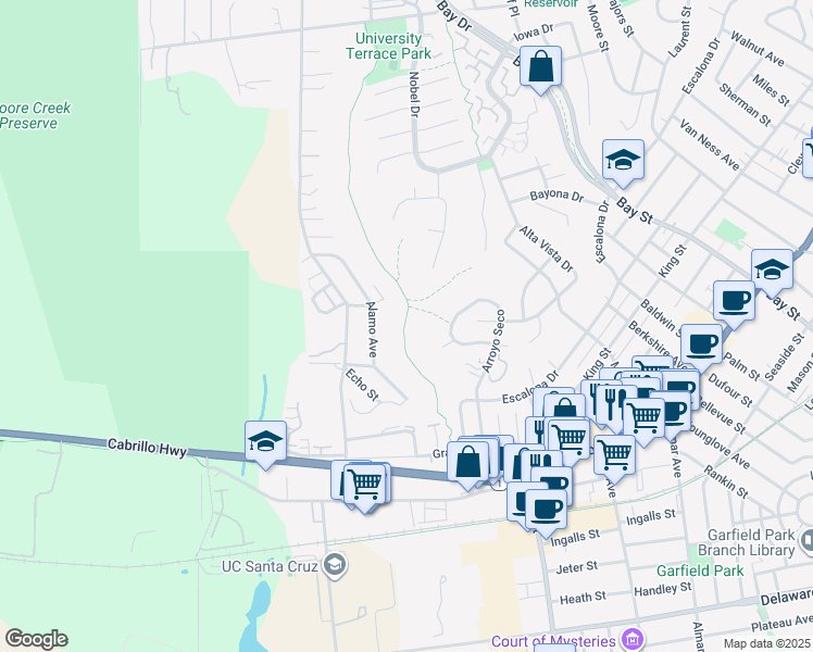 map of restaurants, bars, coffee shops, grocery stores, and more near 232 Alamo Avenue in Santa Cruz