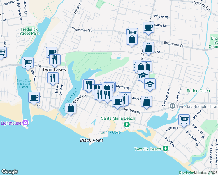 map of restaurants, bars, coffee shops, grocery stores, and more near 1450 Merrill Street in Santa Cruz