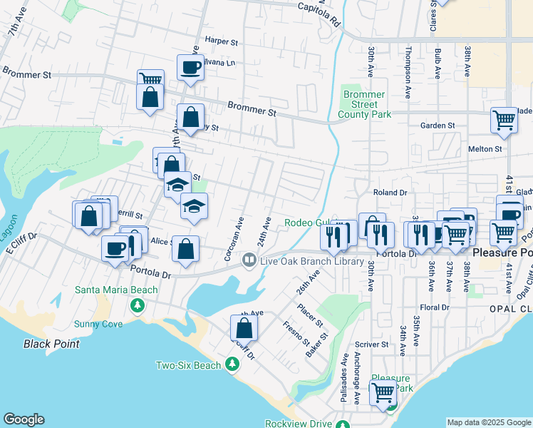 map of restaurants, bars, coffee shops, grocery stores, and more near 805 24th Avenue in Santa Cruz