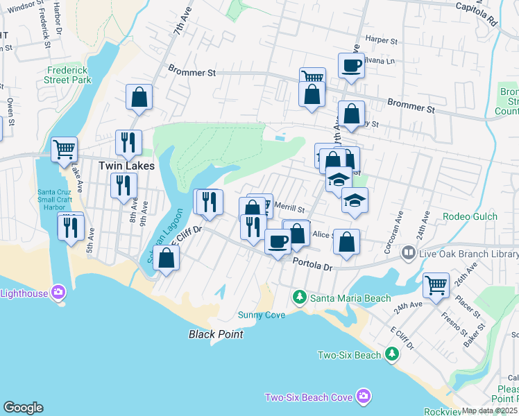 map of restaurants, bars, coffee shops, grocery stores, and more near 1450 Merrill Street in Santa Cruz