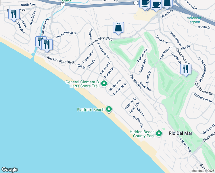 map of restaurants, bars, coffee shops, grocery stores, and more near 433 Seaview Drive in Aptos