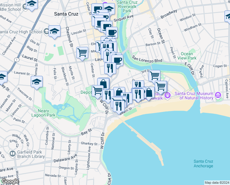 map of restaurants, bars, coffee shops, grocery stores, and more near 229 Villa Mar Vista in Santa Cruz