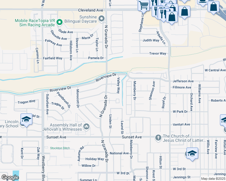 map of restaurants, bars, coffee shops, grocery stores, and more near 2501 Driftwood Drive in Madera