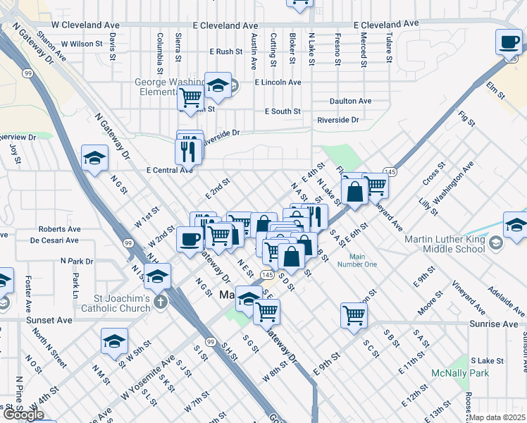 map of restaurants, bars, coffee shops, grocery stores, and more near 301 North B Street in Madera