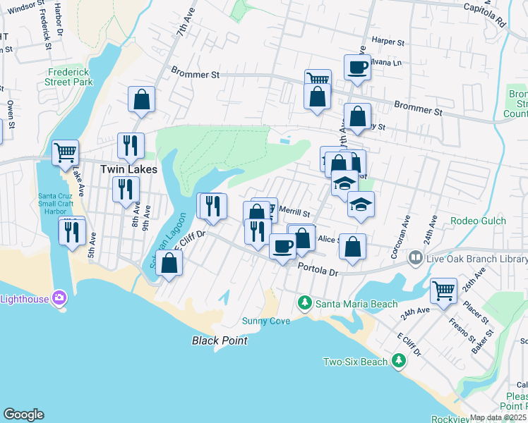 map of restaurants, bars, coffee shops, grocery stores, and more near 685 14th Avenue in Santa Cruz