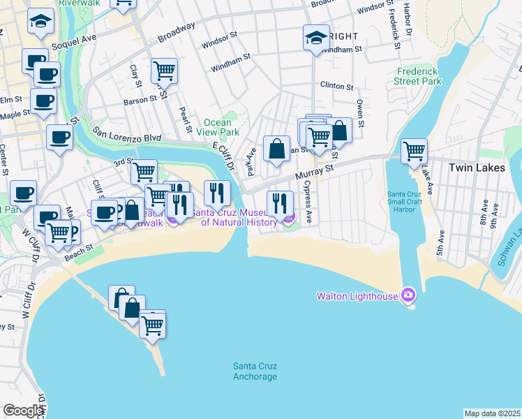 map of restaurants, bars, coffee shops, grocery stores, and more near 1103 East Cliff Drive in Santa Cruz