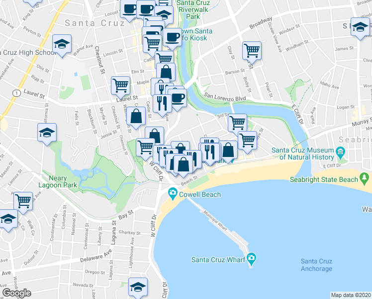 map of restaurants, bars, coffee shops, grocery stores, and more near 333 Main Street in Santa Cruz