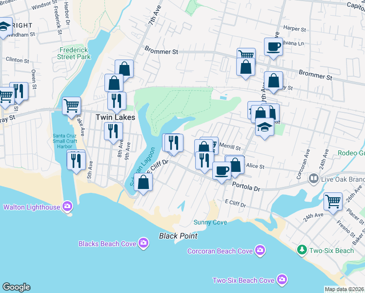 map of restaurants, bars, coffee shops, grocery stores, and more near 1235 Scholl Lane in Santa Cruz