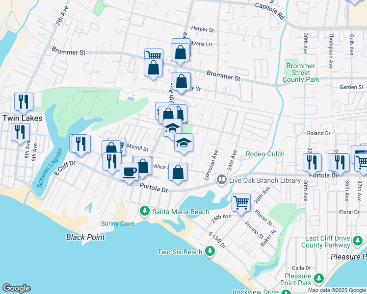 map of restaurants, bars, coffee shops, grocery stores, and more near 1959 Merrill Street in Santa Cruz