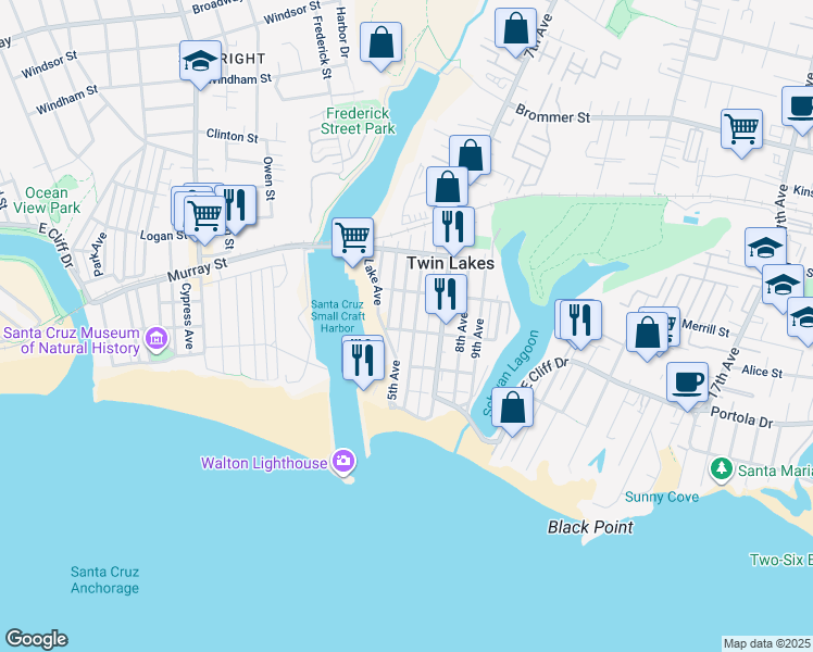 map of restaurants, bars, coffee shops, grocery stores, and more near 300 5th Avenue in Santa Cruz