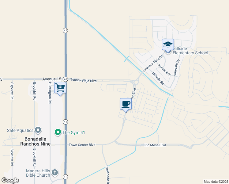 map of restaurants, bars, coffee shops, grocery stores, and more near 14915-14999 California 41 in Madera