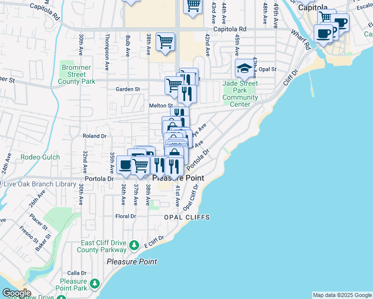 map of restaurants, bars, coffee shops, grocery stores, and more near 4144 Bain Avenue in Santa Cruz
