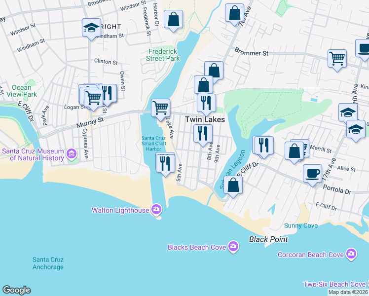 map of restaurants, bars, coffee shops, grocery stores, and more near 501 Carmel Street in Santa Cruz
