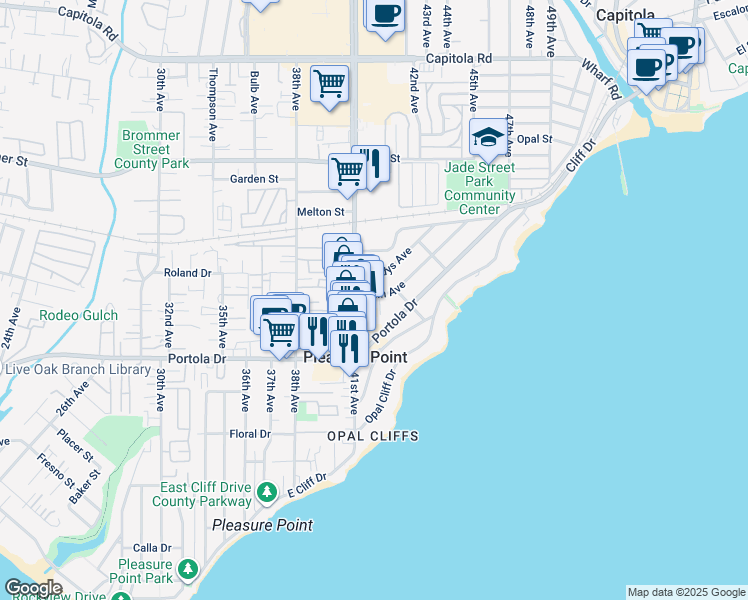 map of restaurants, bars, coffee shops, grocery stores, and more near 4144 Bain Avenue in Santa Cruz
