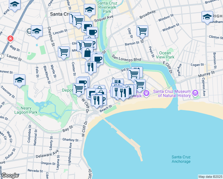 map of restaurants, bars, coffee shops, grocery stores, and more near 106 Younger Way in Santa Cruz