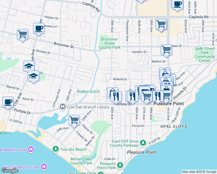 map of restaurants, bars, coffee shops, grocery stores, and more near 922 30th Avenue in Santa Cruz