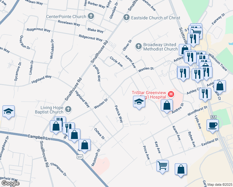 map of restaurants, bars, coffee shops, grocery stores, and more near 1502 Westen Street in Bowling Green