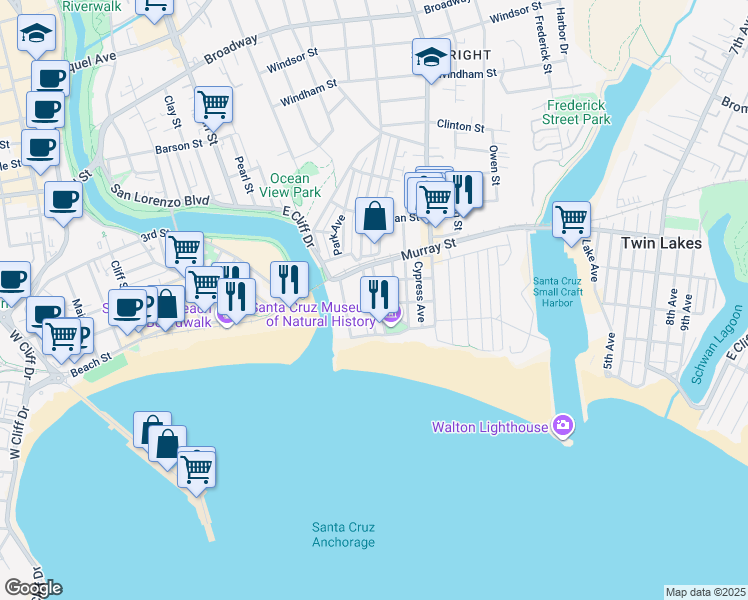 map of restaurants, bars, coffee shops, grocery stores, and more near 216 Pilkington Avenue in Santa Cruz
