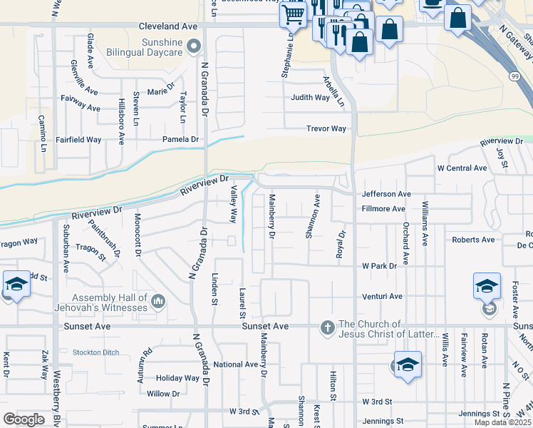 map of restaurants, bars, coffee shops, grocery stores, and more near 1039 Mainberry Drive in Madera