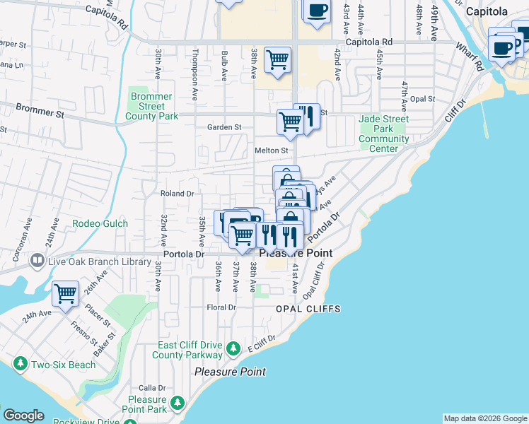 map of restaurants, bars, coffee shops, grocery stores, and more near 998 38th Avenue in Santa Cruz