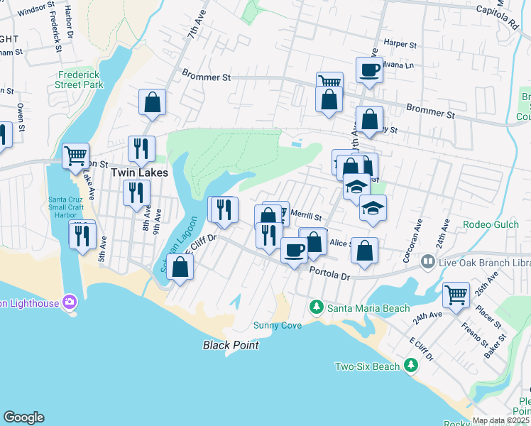 map of restaurants, bars, coffee shops, grocery stores, and more near 685 14th Avenue in Santa Cruz