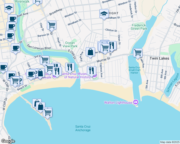 map of restaurants, bars, coffee shops, grocery stores, and more near 216 Pilkington Avenue in Santa Cruz