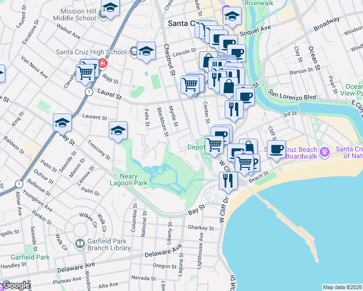 map of restaurants, bars, coffee shops, grocery stores, and more near 302 Everson Drive in Santa Cruz