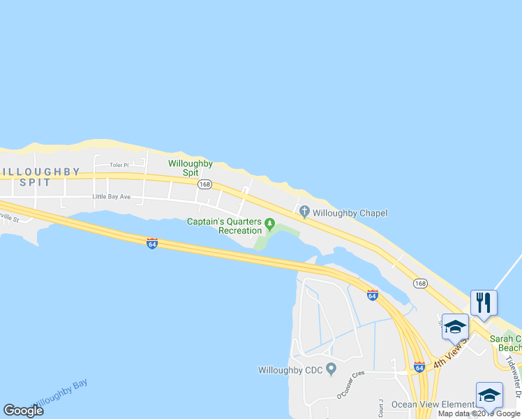 map of restaurants, bars, coffee shops, grocery stores, and more near 840 West Ocean View Avenue in Norfolk