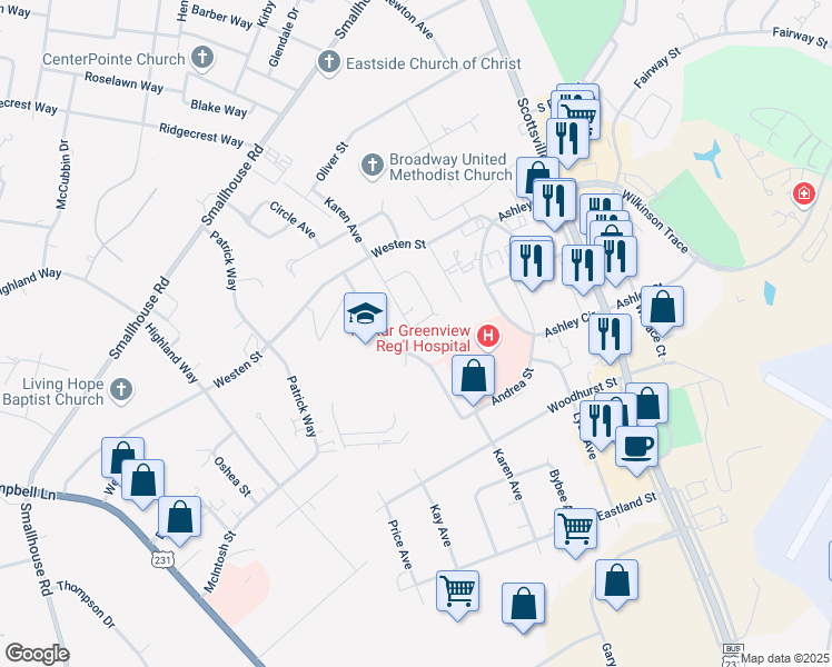 map of restaurants, bars, coffee shops, grocery stores, and more near Karen Avenue in Bowling Green