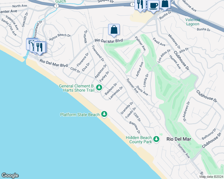 map of restaurants, bars, coffee shops, grocery stores, and more near 439 Cliff Drive in Aptos