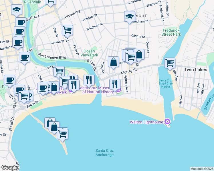 map of restaurants, bars, coffee shops, grocery stores, and more near 1123 East Cliff Drive in Santa Cruz