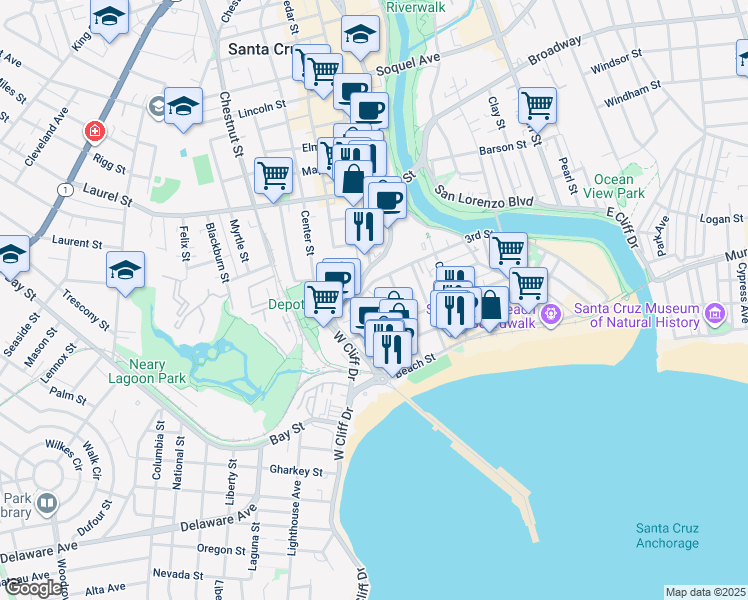 map of restaurants, bars, coffee shops, grocery stores, and more near 1033 3rd Street in Santa Cruz
